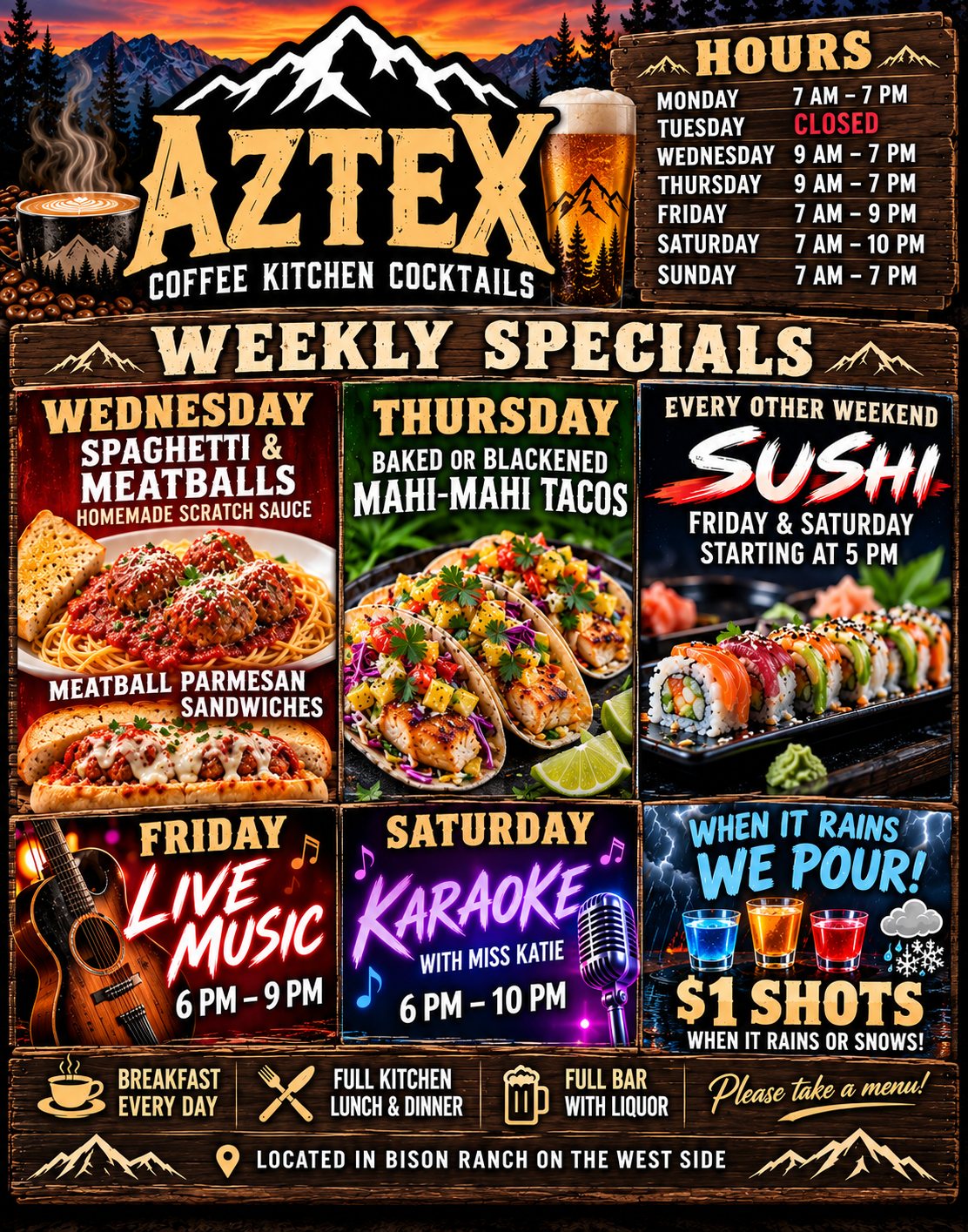 AZTEX weekly specials flyer with hours, kitchen specials, live music, and karaoke.